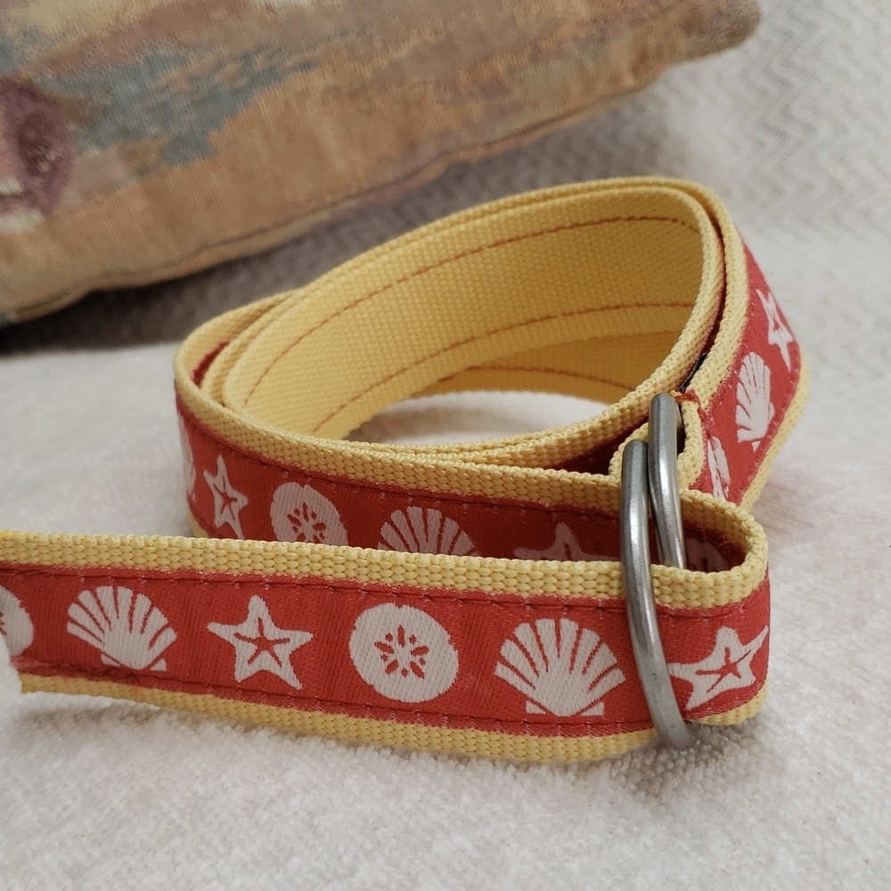 L.L. Bean Womens Sea Shell Starfish Polyester Ribbon Belt M/L Yellow Salmon Whit